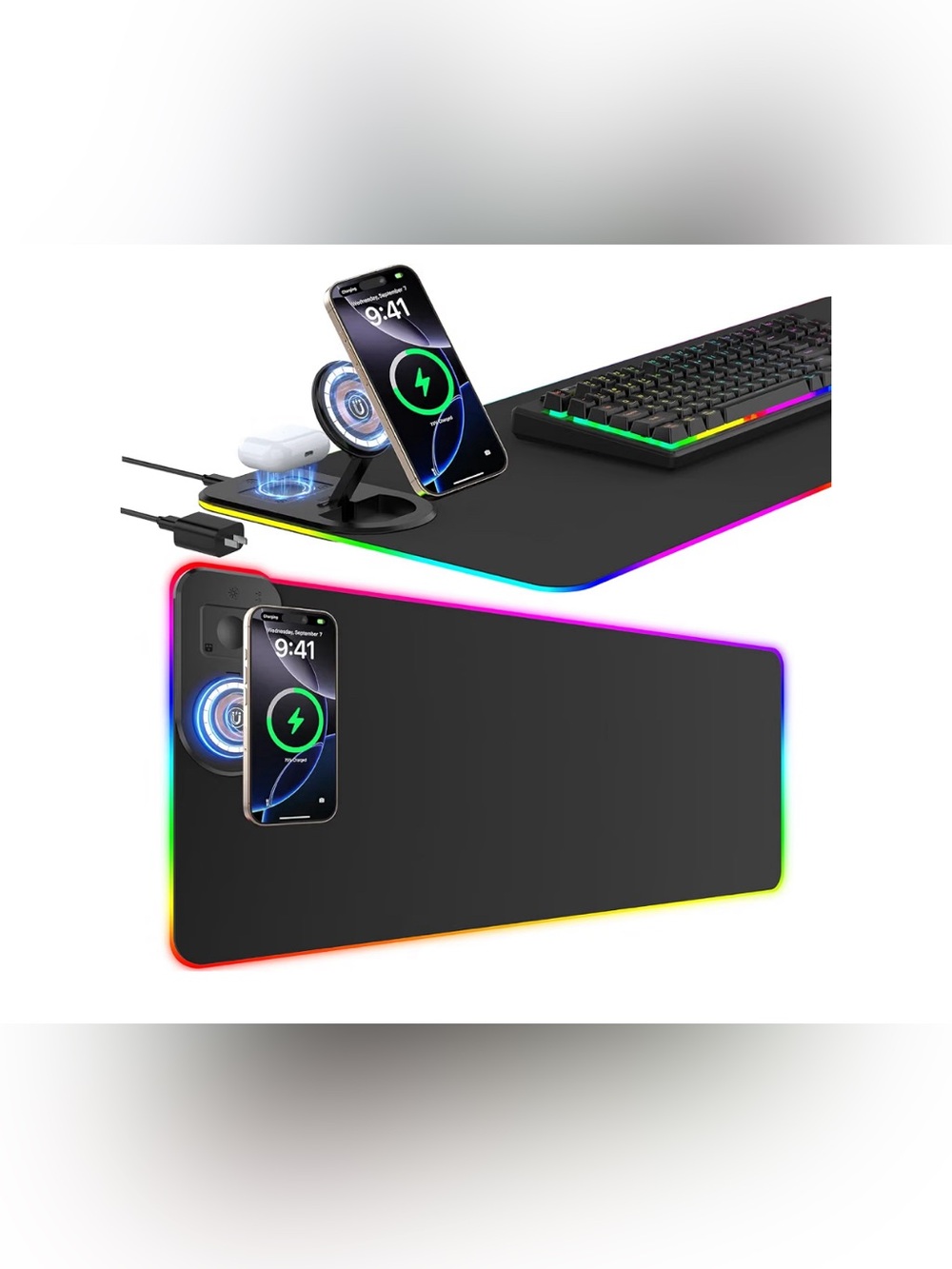 Gaming Mouse Pad Wireless Charging - Desk Mat Magnetic Foldable Phone Stand